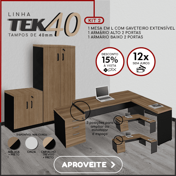 Mesa em L com gaveteiro extensível, armário alto 2 portas e armário baixo 2 portas - Linha TEK40