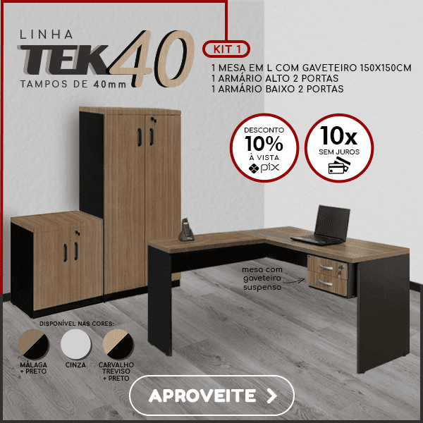 Mesa em L com gaveteiro 150x150, armário alto 2 portas e armário baixo 2 portas - Linha TEK40