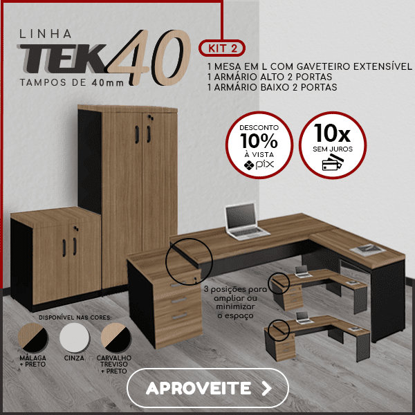 Mesa em L com gaveteiro extensível, armário alto 2 portas e armário baixo 2 portas - Linha TEK40